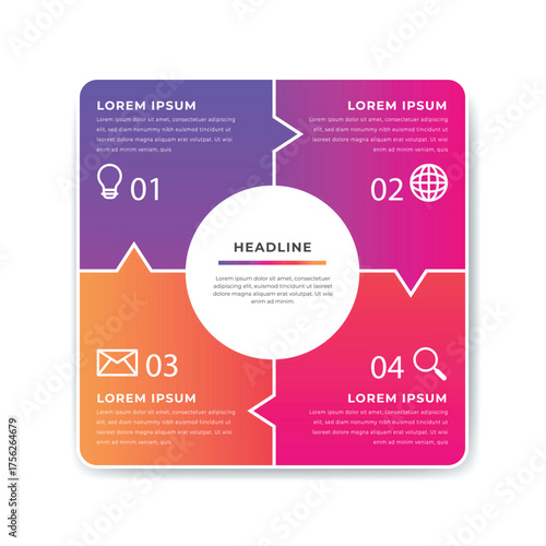 Modern infographic with five circular stages in a colorful gradient flow for business presentations and data visualization.
Four interconnected circular steps with numbers and text placeholders for pr