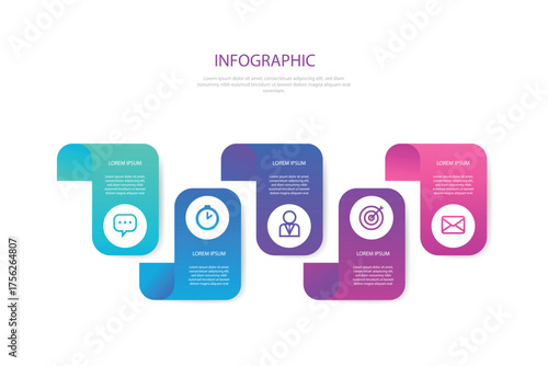 Modern infographic with five circular stages in a colorful gradient flow for business presentations and data visualization.
Four interconnected circular steps with numbers and text placeholders for pr
