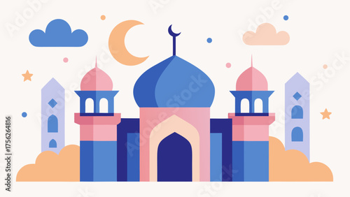 Illustration of mosque with moon and stars