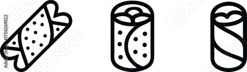 Burrito Roll or Wrap Icon Set, Mexican Food and Asian Spring Roll Outline Vector