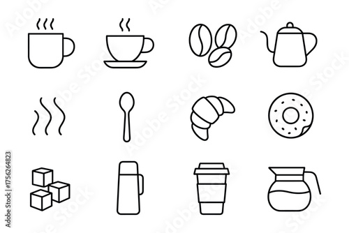 Minimalist coffee icons set: cups, beans, croissant, and donut in simple line art style