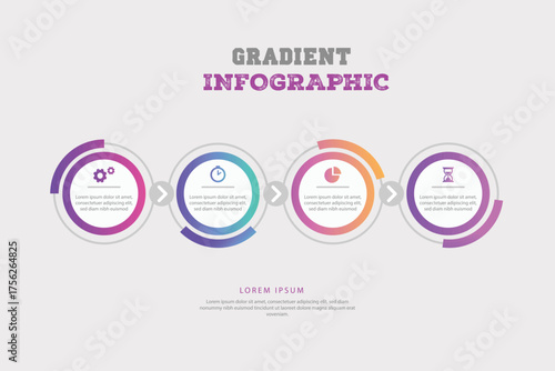 Modern infographic with five circular stages in a colorful gradient flow for business presentations and data visualization.
Four interconnected circular steps with numbers and text placeholders for pr