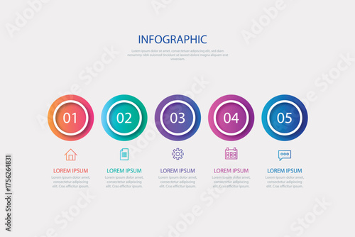 Modern infographic with five circular stages in a colorful gradient flow for business presentations and data visualization.
Four interconnected circular steps with numbers and text placeholders for pr