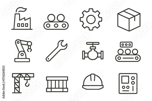 Industrial icon set featuring factory, conveyor belt, gear, and tools in linear style
