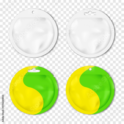 Blank tear notch circle sachet pouch with round and euro hole hanger. Vector mockup set. White, color design. Flat plastic bag package. Easy editable mock-up. Single serve, product sample. Template