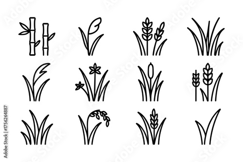 Minimalist plant and grass icons set featuring bamboo and wheat