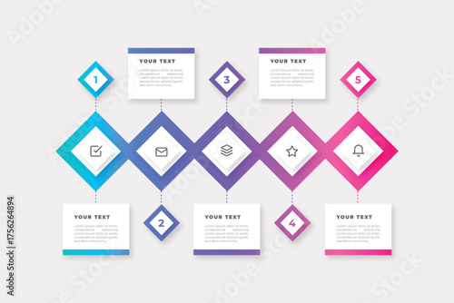 Modern infographic with five circular stages in a colorful gradient flow for business presentations and data visualization.
Four interconnected circular steps with numbers and text placeholders for pr