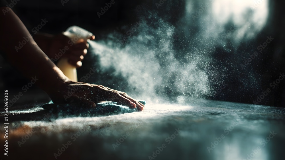 Obraz premium A hand sprays a cleaning solution onto a surface creating a visible mist of particles illuminated by dramatic light