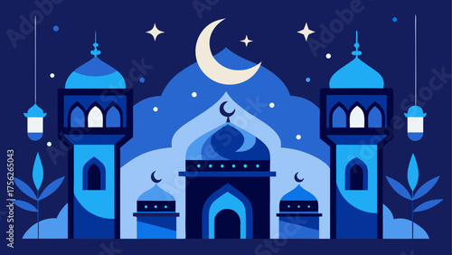 Blue mosque and crescent moon illustration