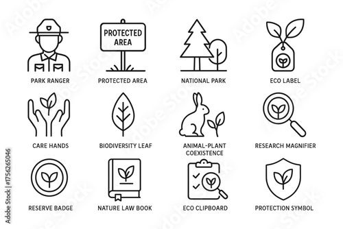 Environmental conservation icons: park ranger, eco label, biodiversity, and more