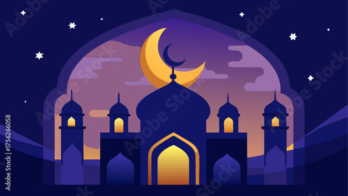 Mosque silhouette with crescent moon night