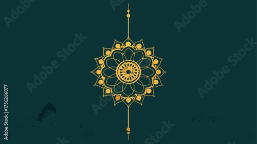 Golden floral ornament on teal background