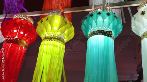 Colorful traditional Lanterns in Various Shapes Akash kandil (Diwali decorative lamps) Hang out side shop for sale celebrating Diwali Festival. stock photo