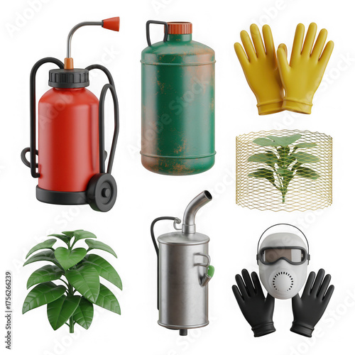 : 3D icon set of crop protection pesticide sprayer, herbicide tank, protective gloves, crop netting, plant cover, soil fumigator, protective mask, gloves. 3d icon