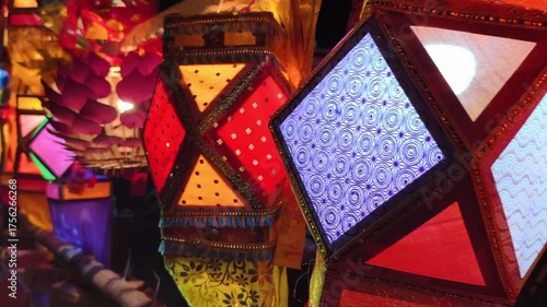 Colorful traditional Lanterns in Various Shapes Akash kandil (Diwali decorative lamps) Hang out side shop for sale celebrating Diwali Festival. stock photo