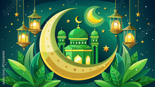 Ramadan illustration with mosque and moon