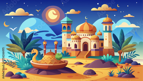 Cartoon mosque with food and desert scene