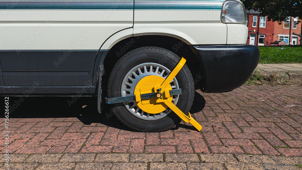 Naklejka premium Detail shot of metal clamp securing motorhome wheel beside curb, bright daylight shows strict parking control