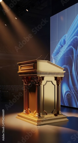 Golden Podium on Stage with Large Screen Background