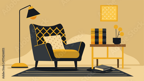 A cozy reading nook with a black and gold patterned armchair a gold floor lamp and a black and gold rug.