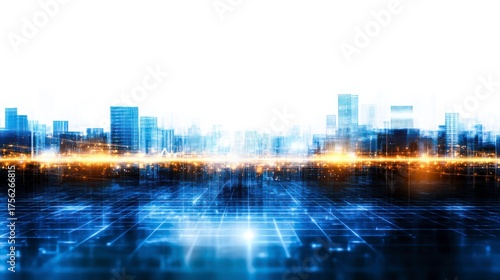 Futuristic Cityscape with Abstract Digital Elements and Bright Light Effects