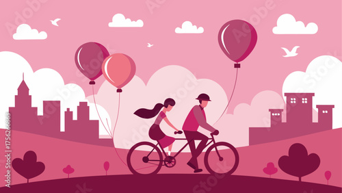 Couple riding bicycle with balloons city on transparent background silhouette