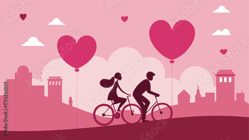 Couple riding bikes with heart balloons on transparent background silhouette