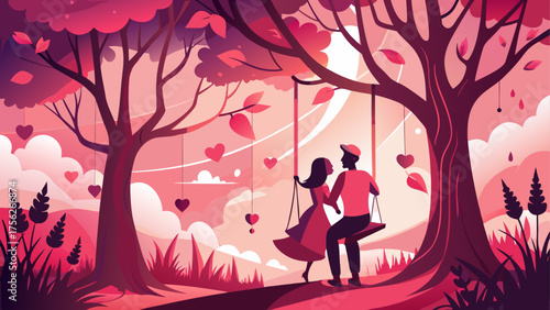 Couple on swing under heart tree in pink on transparent background silhouette