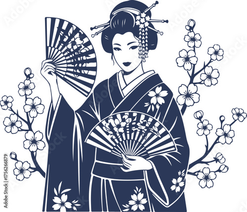 Vector art of geisha with fans and cherry blossoms