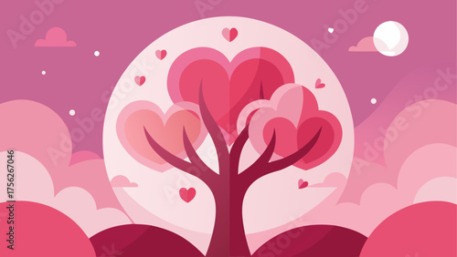 Illustration of a tree with heart leaves on transparent background silhouette