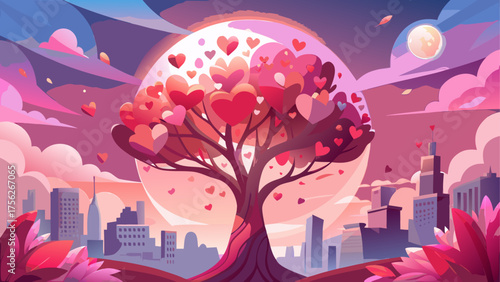 Heart tree in a city with a full moon sky on transparent background silhouette