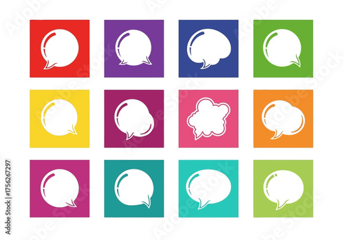 Twelve square icons on a white background feature speech bubbles in various shapes and colors