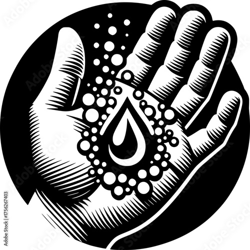 Hand and Drop of Water: An artistic representation showcases a hand cradling a droplet of water encircled by bubbles, symbolizing cleanliness and purification.