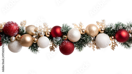 Christmas garland with red and gold ornaments balls, pinecones, and evergreen branches arranged horizontally isolated on transparent background
