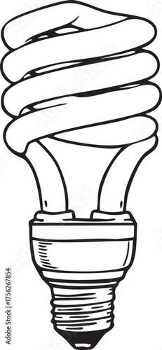 CFL bulb vector—black-and-white illustration of spiral compact fluorescent light with screw base for energy and eco themes