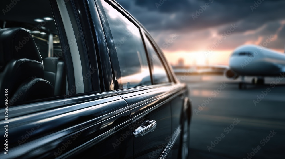 Fototapeta premium A luxury VIP airport car with polished details sharply in frame while the plush interior and city background fade smoothly showcasing premium and comfortable transport service.