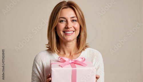 Smiling woman holding wrapped present in soft daylight, joyful celebration