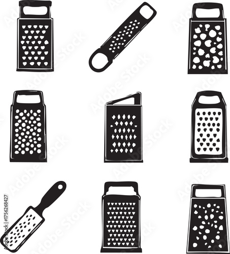 Cheese grater vector set—black-and-white illustrations of nine kitchen tools with varied hole patterns for culinary and food prep themes
