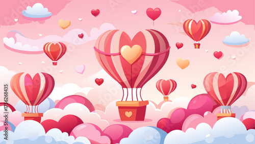 Heart shaped balloons in a pink sky view on transparent background silhouette