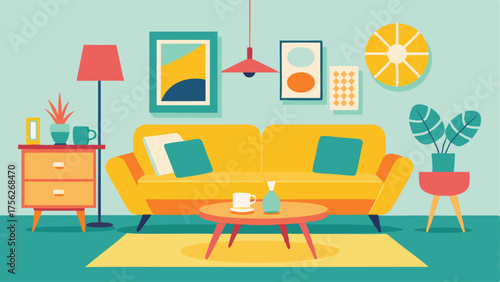 A colorful and eclectic living room with a mix of retro and Scandinavian furniture including a bright yellow sofa and a wooden coffee table with tapered legs.