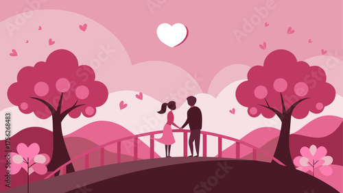 Couple standing on bridge in pink scenery on transparent background silhouette