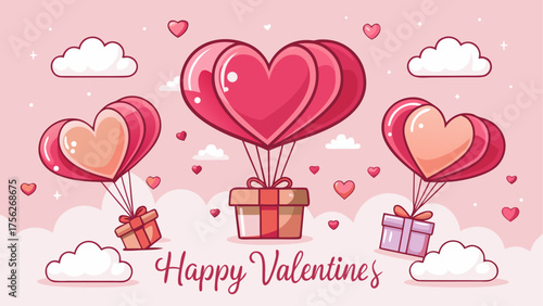 Heart balloons carrying gifts valentine art on transparent background silhouette