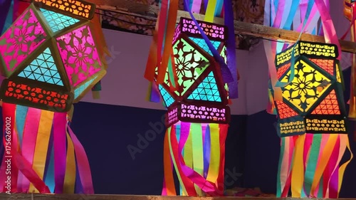 Colorful traditional Lanterns in Various Shapes Akash kandil (Diwali decorative lamps) Hang out side shop for sale celebrating Diwali Festival. stock photo