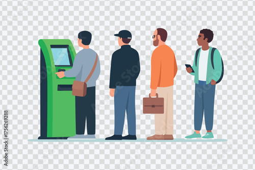 People Waiting in Line at ATM Machine: Banking, Money Withdrawal, and Financial Service Illustration