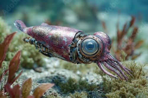 An Artistic portrayal of a mechanical Squid exploring underwater
