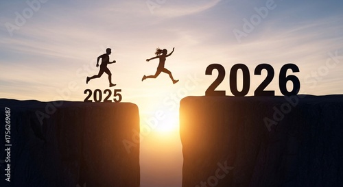 Silhouette of a man and woman jumping from 2025 to 2026 over a cliff gap at sunset, symbolizing new year challenges, goals, and progress.