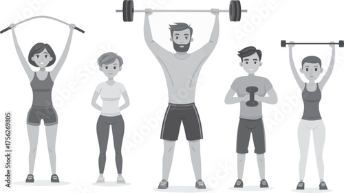 A diverse group of five individuals, including men and women of different ages, are depicted performing exercises with weights and a jump rope.