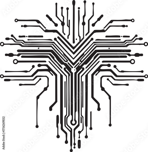 Circuit tree vector—black-and-white silhouette of branching electronic lines for AI, neural networks, and tech innovation themes