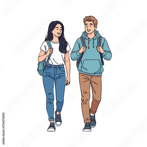 Young students walking and talking with backpacks, ready for school or university education journey