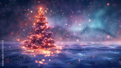 Christmas tree glowing under a starry galaxy sky